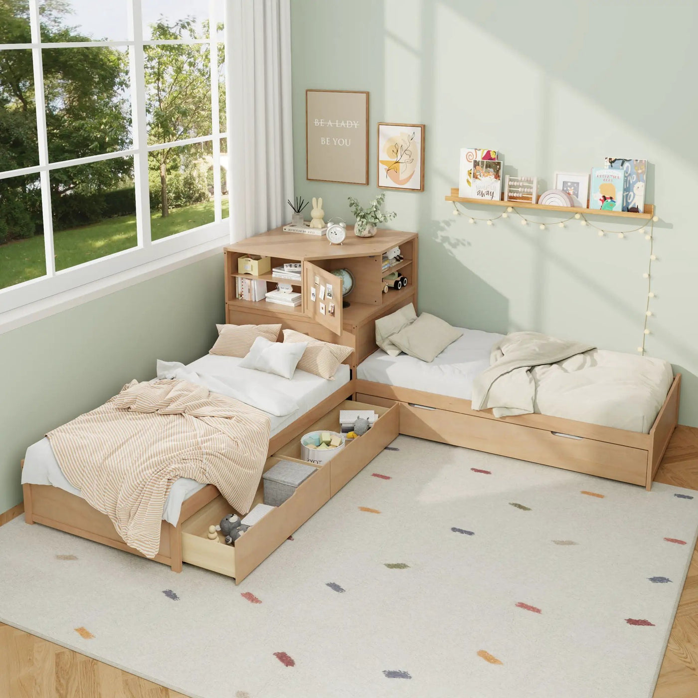 L-Shaped Bed Frame With Trundle, Built In Desk & LED Lighting by HouseOfZazla