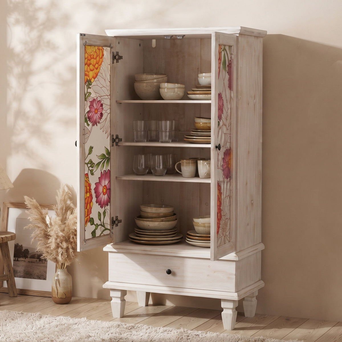 French Country Accent Cabinet with 2 Glass Doors and Drawers - White Antique, photo 4 of 10
