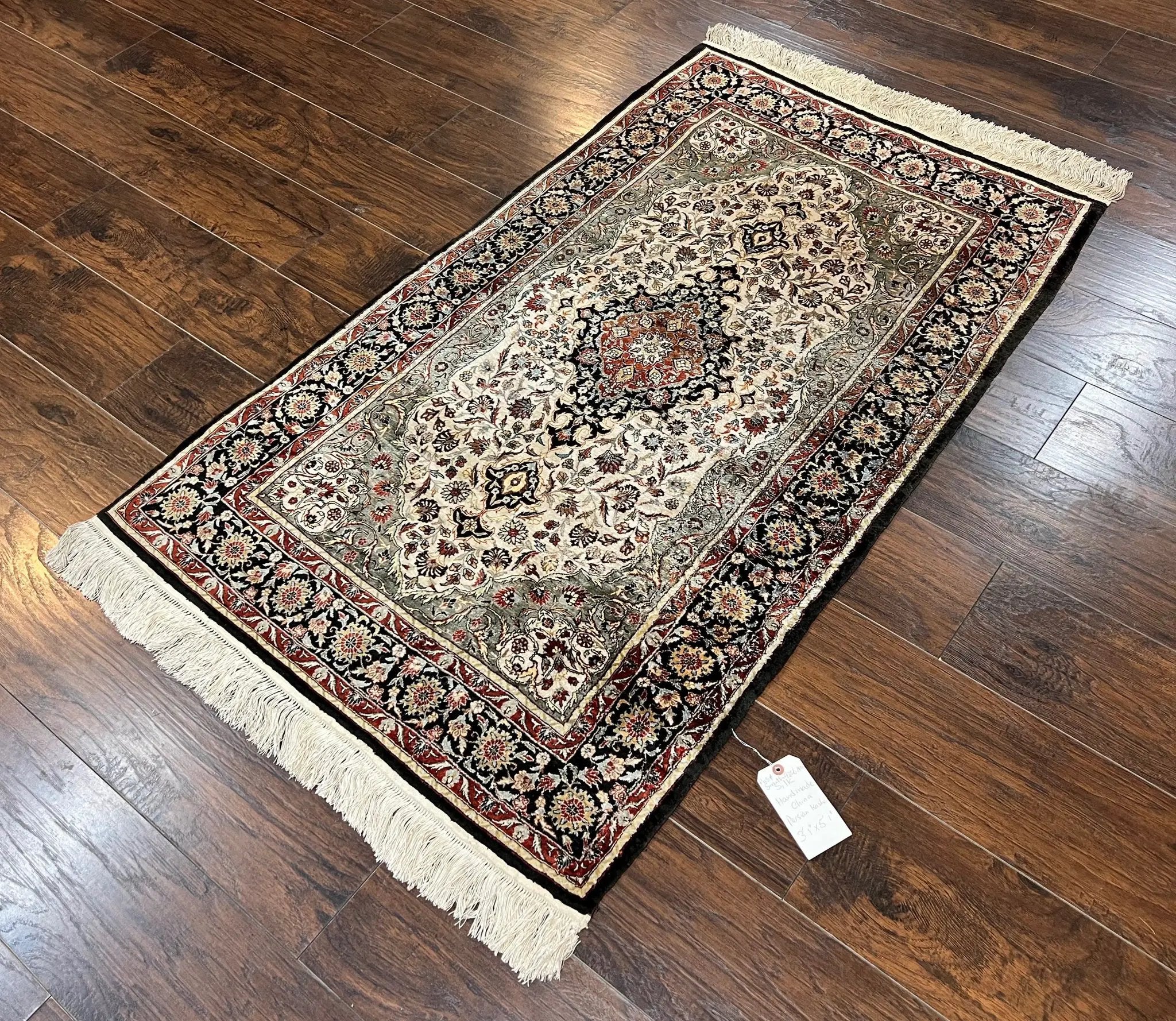 Silk Sino Persian Rug 3x5, Floral Medallion, Hand Knotted Silk Pile Silk Foundation, Traditional Silk Handmade Oriental Carpet, Cream Black by Jewel Rugs