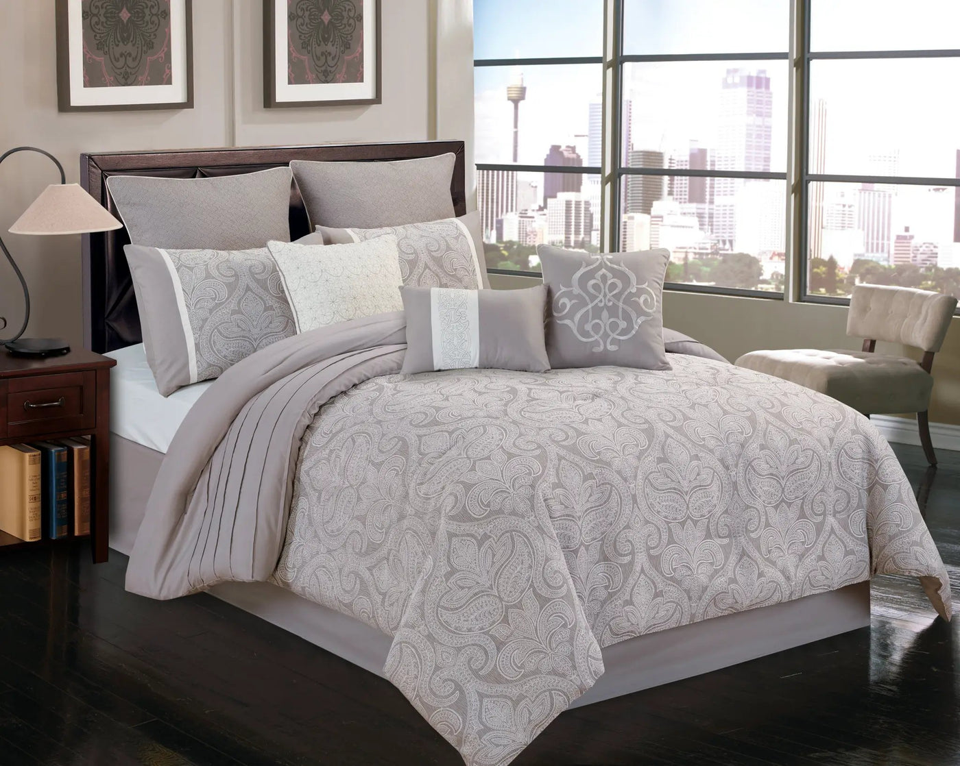 Winthrop Grey Damask Jacquard 9 Pc Comforter Set by HouseOfZazla