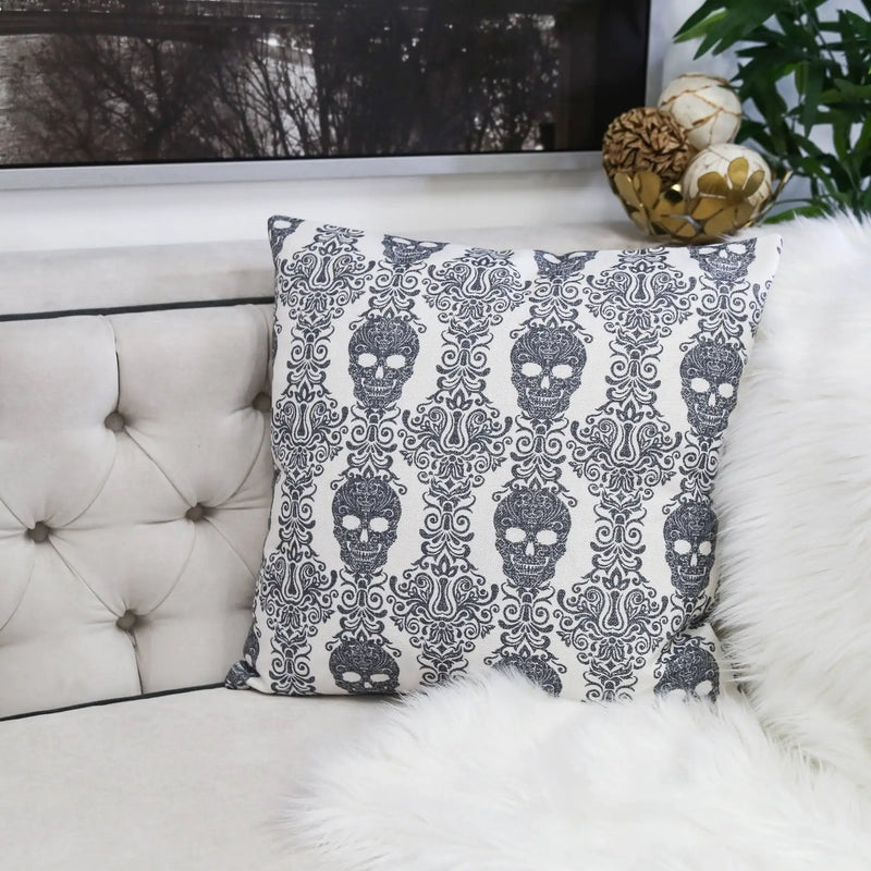 Gothic Damask Skull Throw Pillow – Black & White Cotton Linen by HouseOfZazla