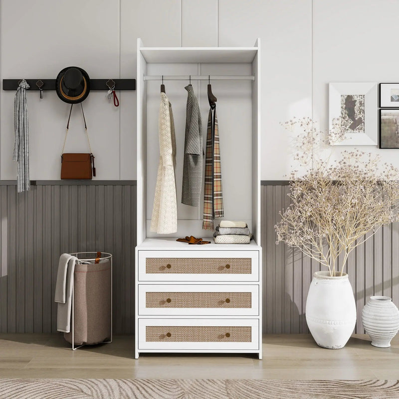Wardrobe With 3 Drawers High Wardrobe Armoire With Rattan For Living Room Organizer - White by HouseOfZazla