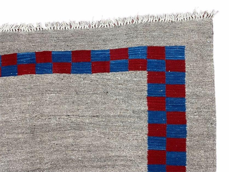 Gray Turkish Kilim Carpet 5' 7" x 7' 7", Medium Kilim Rug, Hand-Knotted, Blue & Red Border, Minimalistic Design, Geometric, Wool, New by Jewel Rugs