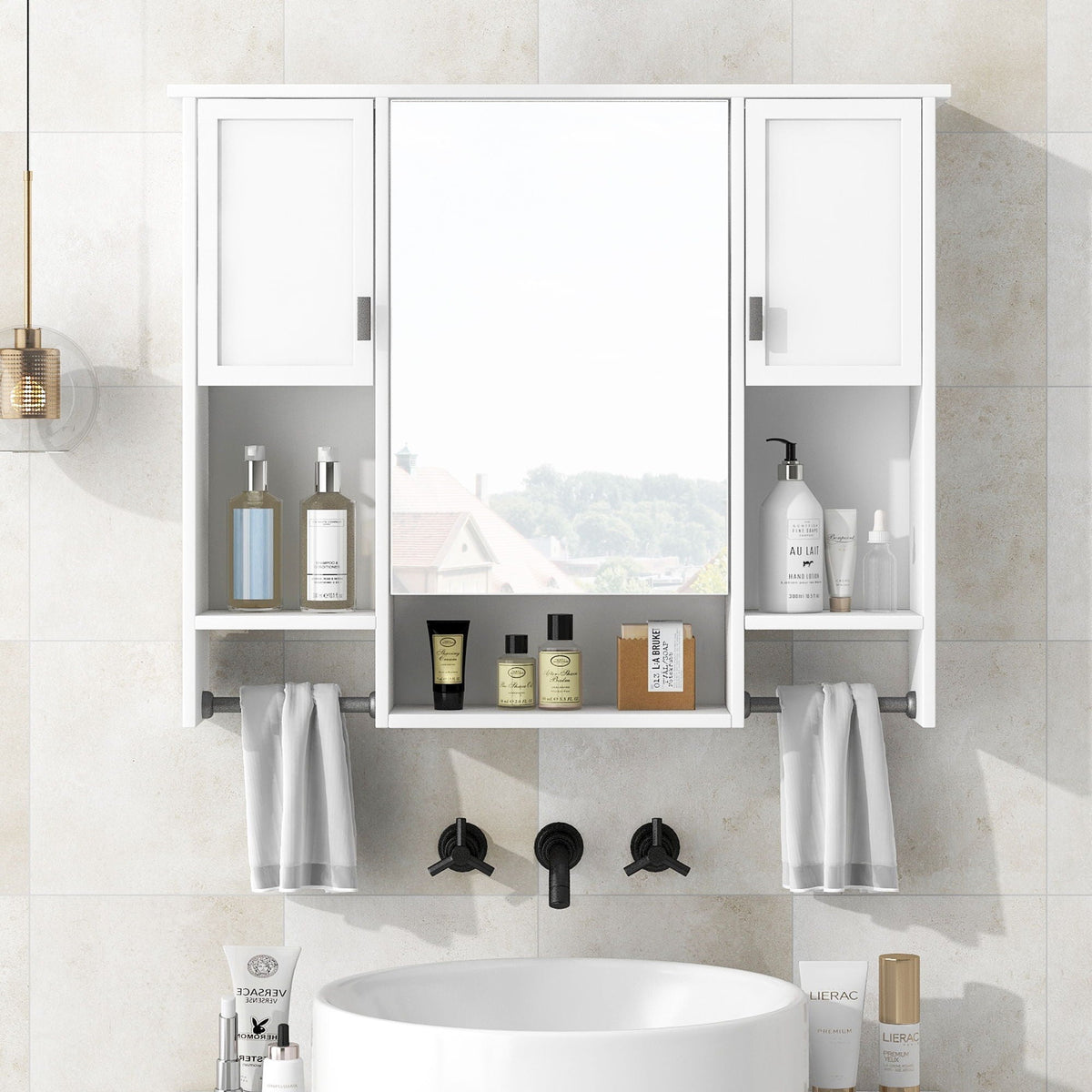 Wall Mounted Bathroom Storage Cabinet with Mirror and Towel Bar - Black, Dark Gray, or White, photo 7 of 12