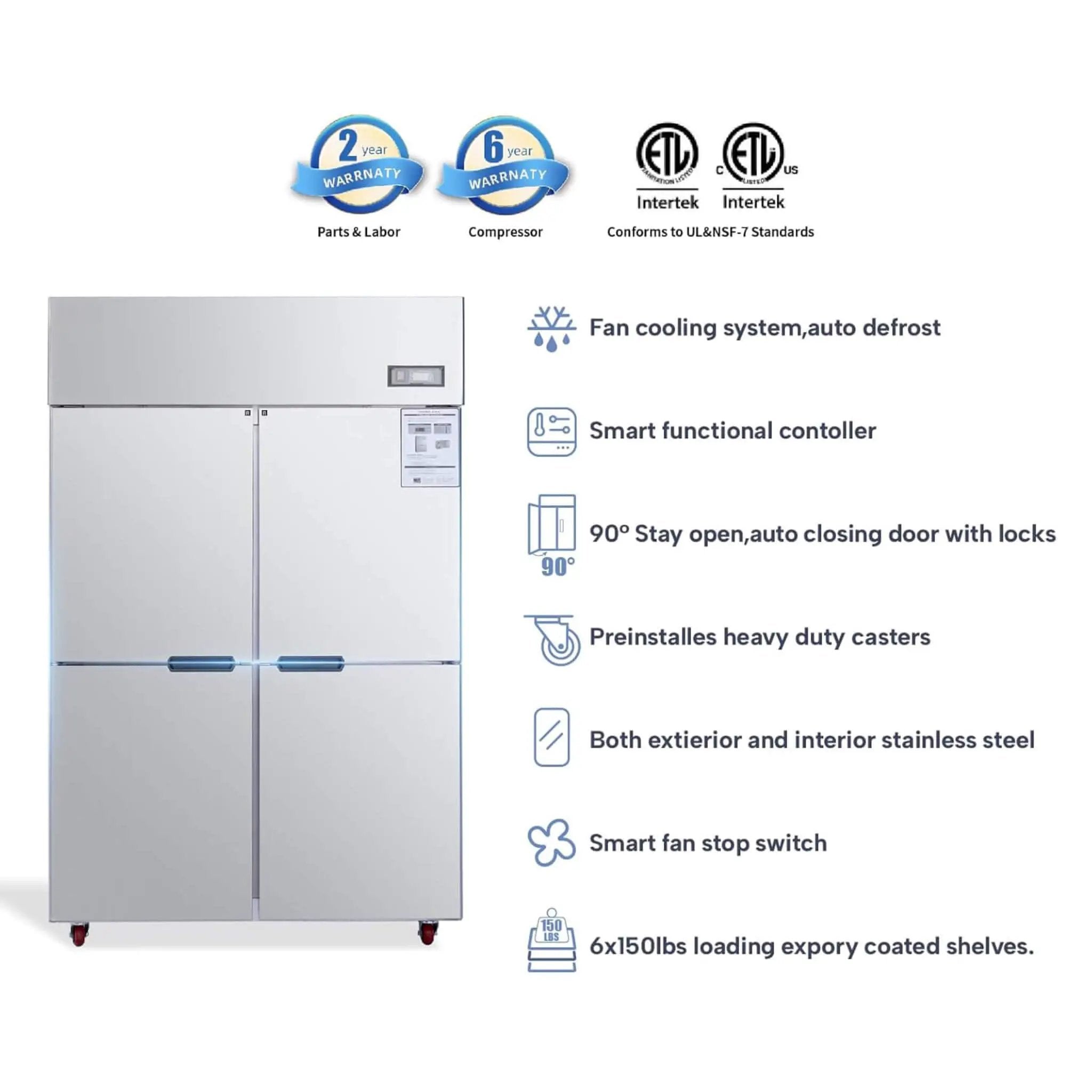 48-Inch Commercial 33 Cu.Ft Stainless Steel Reach-In Refrigerator With Four Split Doors (SAK83046) by SAKSBY WHOLESALE
