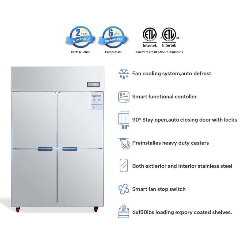 48-Inch Commercial 33 Cu.Ft Stainless Steel Reach-In Refrigerator With Four Split Doors (SAK83046) by SAKSBY WHOLESALE
