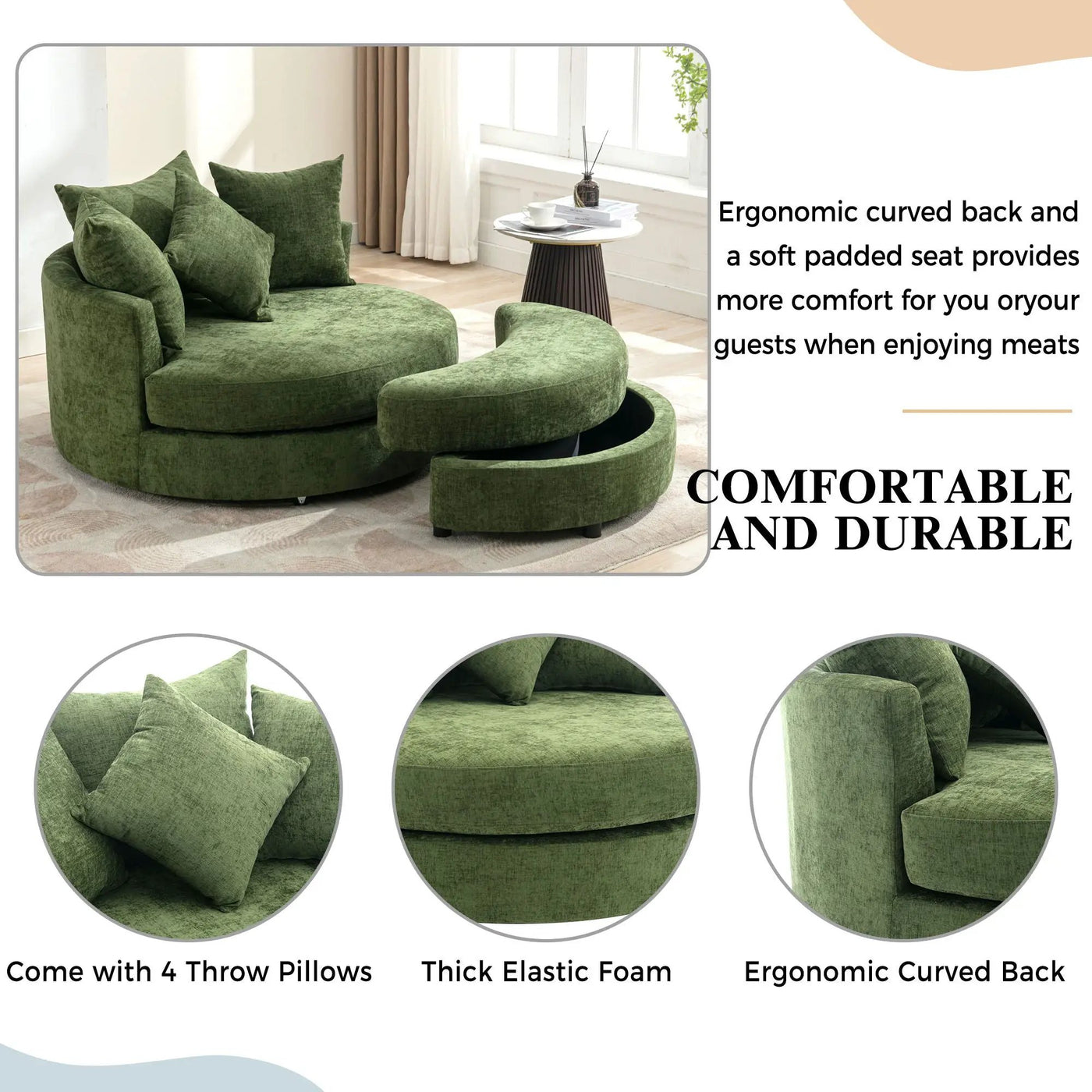 360° Swivel Accent Barrel Chair With Storage Ottoman & 4 Pillows, Modern Leisure Chair Round Accent For Living Room by Unique Piece Furniture