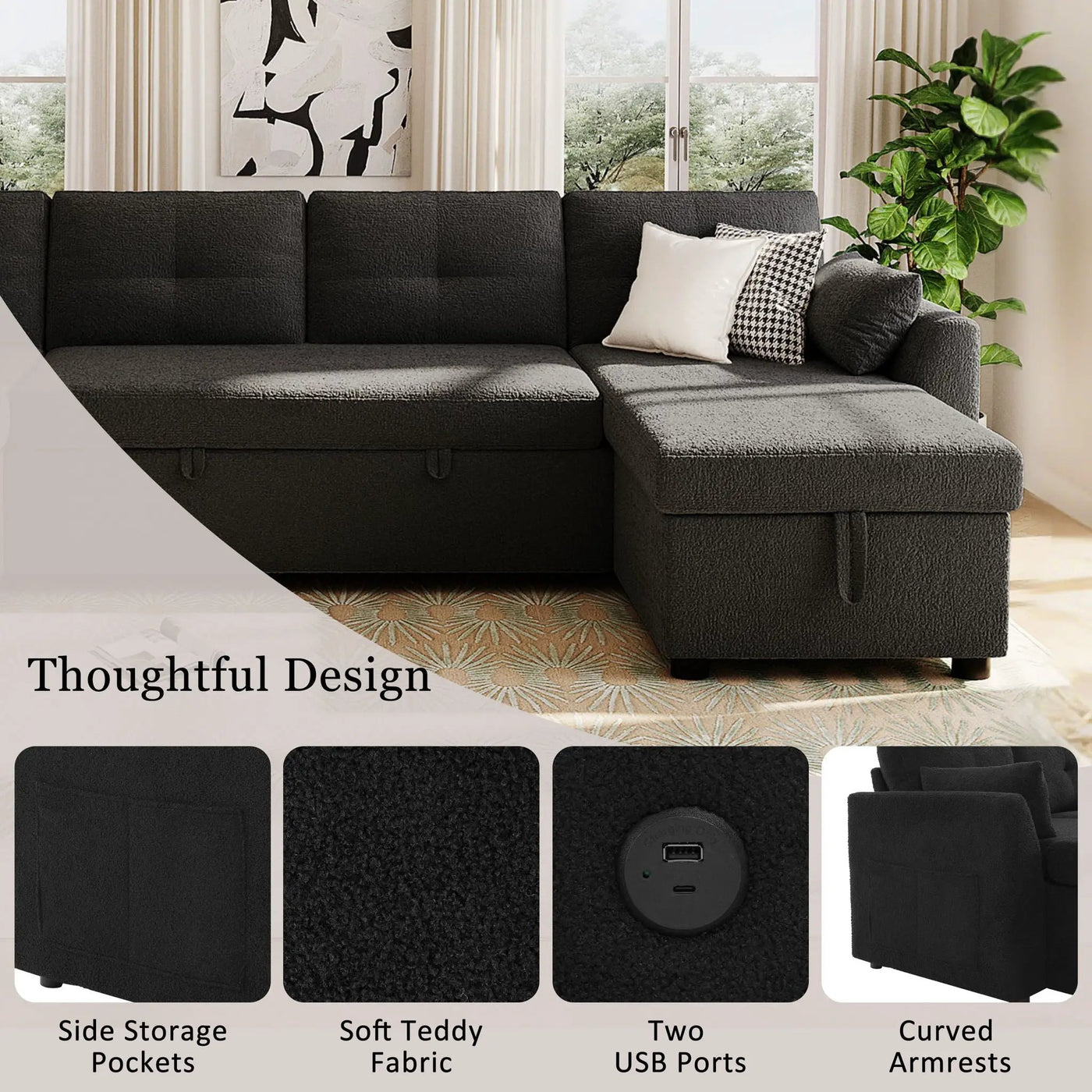 U-Shaped Sectional Sofa Bed With Storage And USB Ports by Unique Piece Furniture