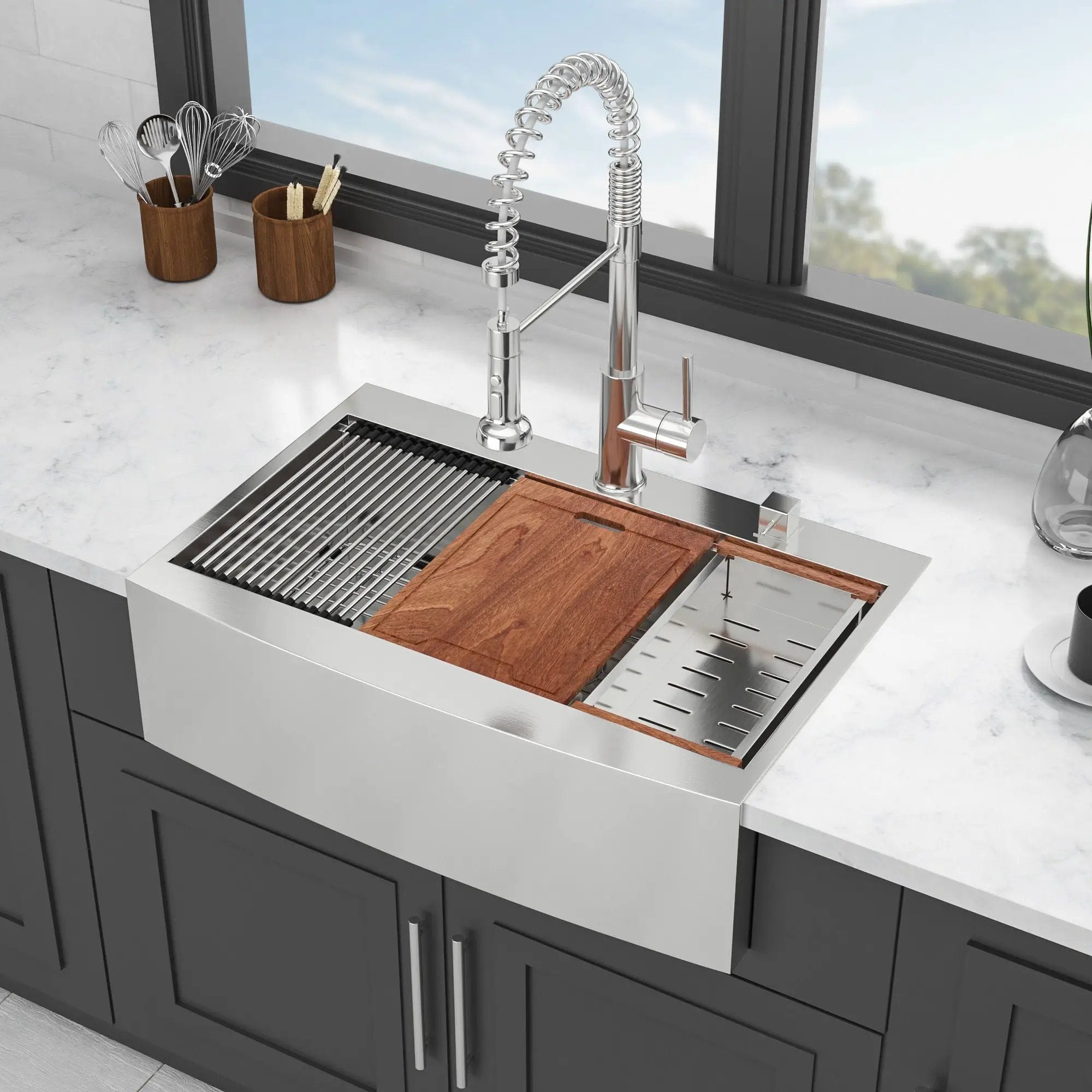 Modern Farmhouse Drop-In Workstation Kitchen Sink with Apron Front by HouseOfZazla