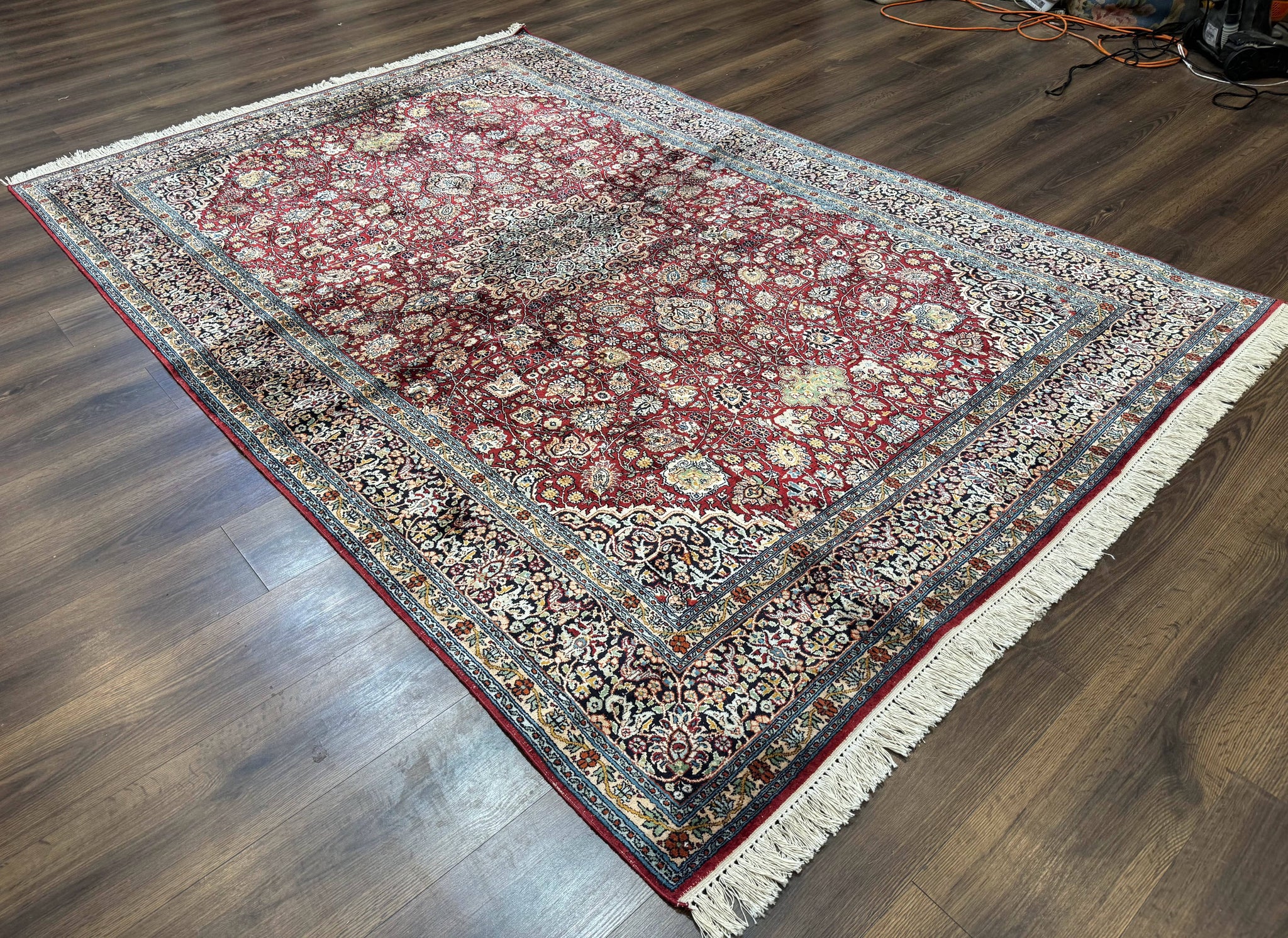 Indian Kashmiri Silk Rug 6x9, Red and Navy Blue, Floral Medallion, Fine 275 KPSI by Jewel Rugs