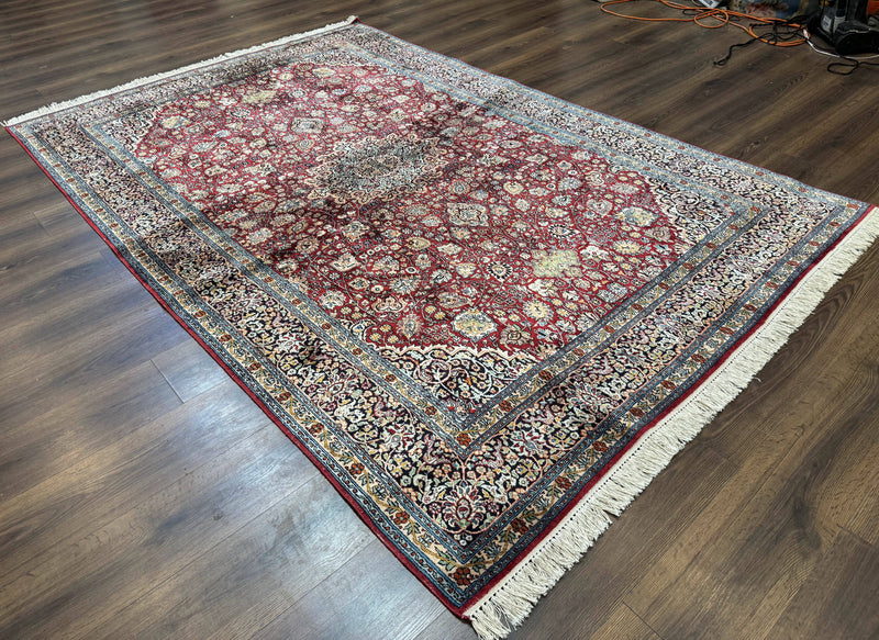 Indian Kashmiri Silk Rug 6x9, Red and Navy Blue, Floral Medallion, Fine 275 KPSI by Jewel Rugs
