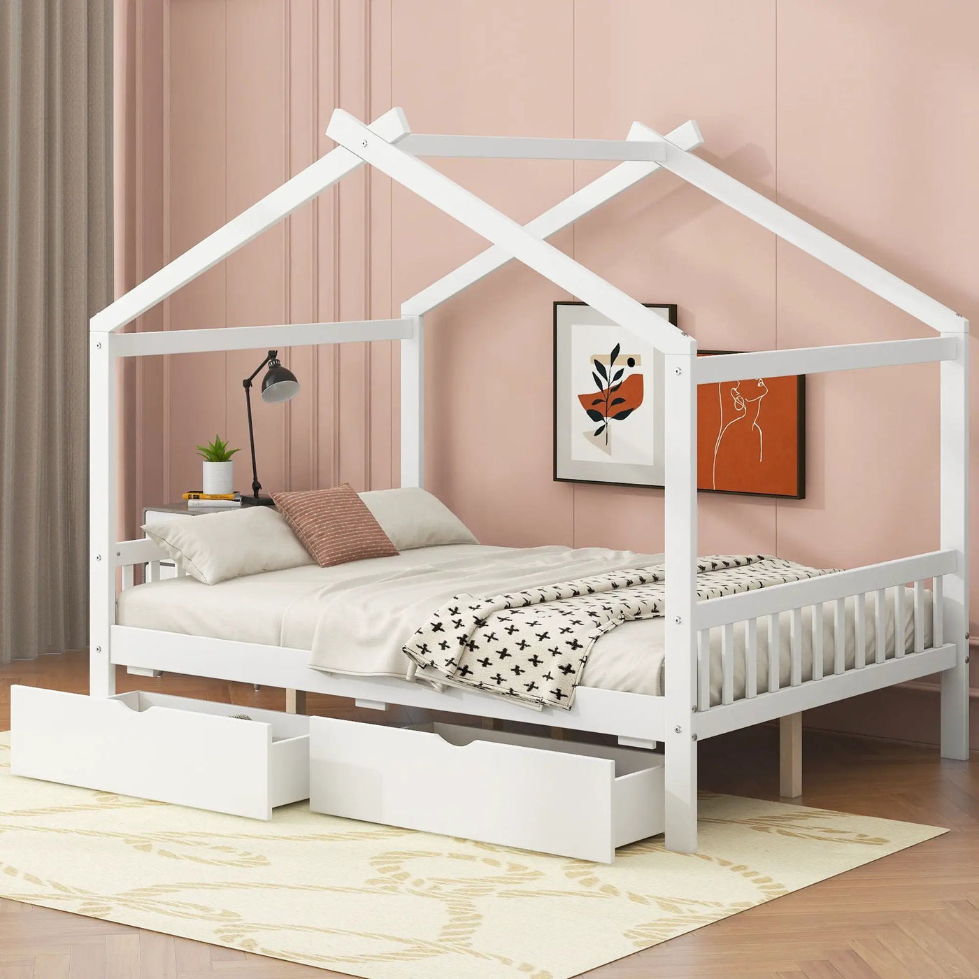 House Style Platform Bed With Headboard, Footboard, 2 Drawers, And Roof Design by HouseOfZazla