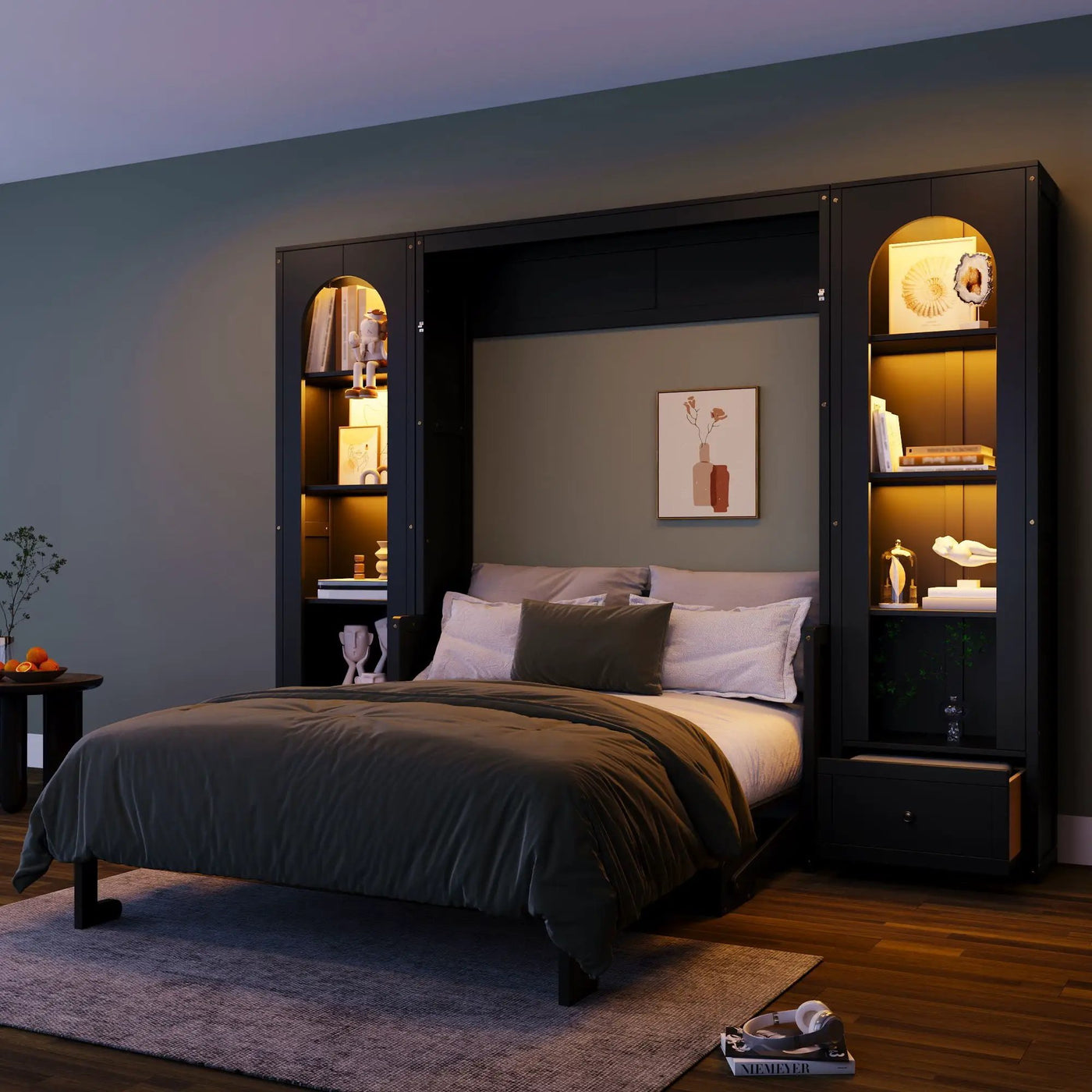 French Style Murphy Platform Bed With Shelf, Side Cabinets, Drawers And LED by HouseOfZazla