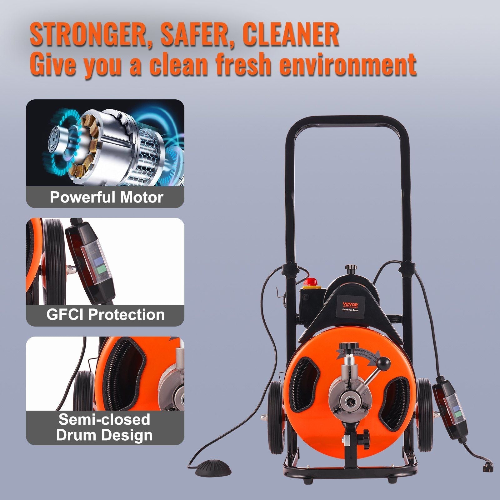 Drain Cleaning Machine 100Ft X 3/8" Auto Feed Sewer Snake - Orange by HouseOfZazla