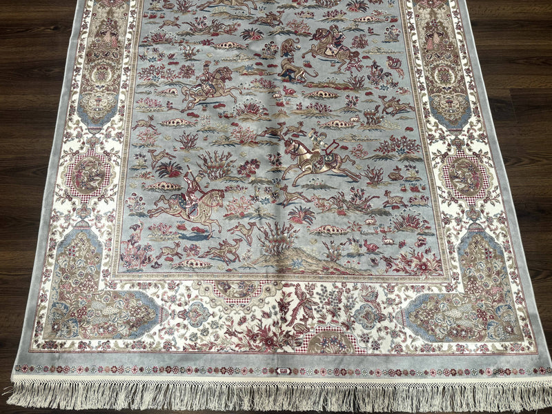 Turkish Silk Rug 5x7, Hunting Design, Animal Pictorials, Bamboo Silk by Jewel Rugs