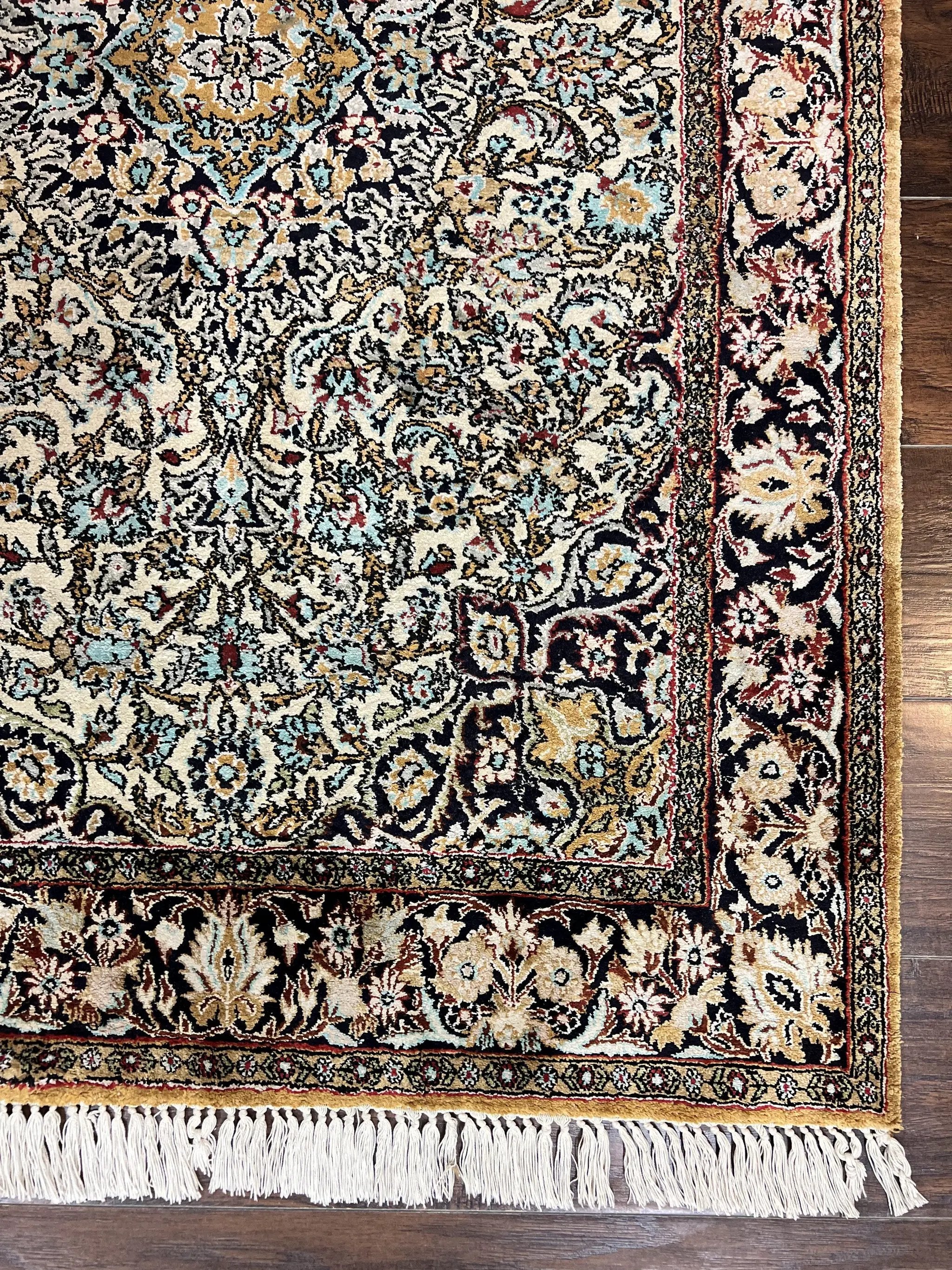 Silk Persian Qum Rug 4x5, Hand Knotted Vintage Carpet, Cream & Navy Blue, Silk Pile on Silk Foundation, Very Fine 360 KPSI by Jewel Rugs