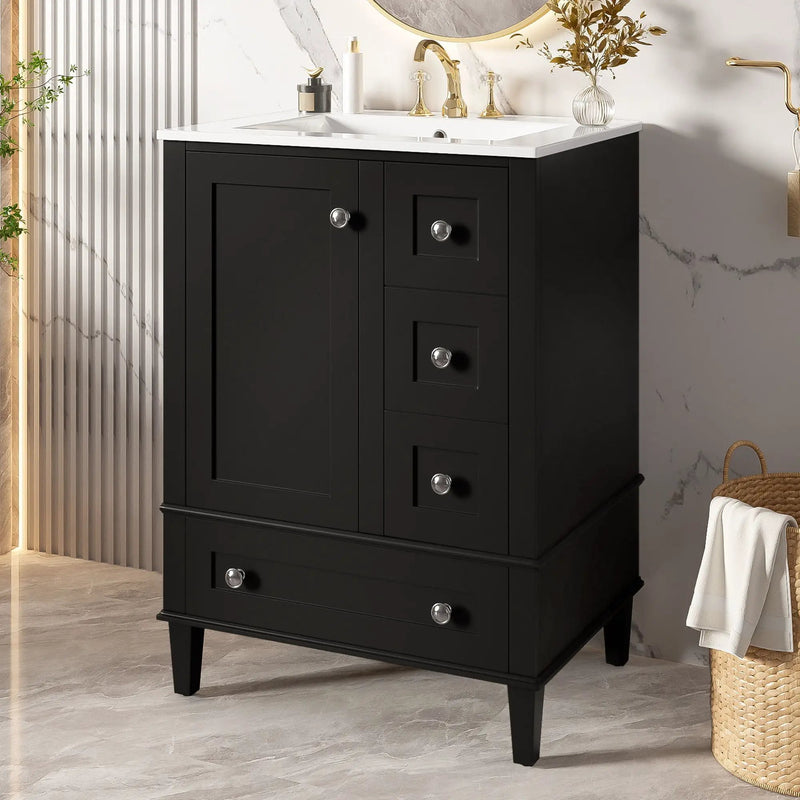 Bathroom Vanity With Integrated Basin, Soft Close Drawers, Door Mounted Double Layer Shelf by Unique Piece Furniture