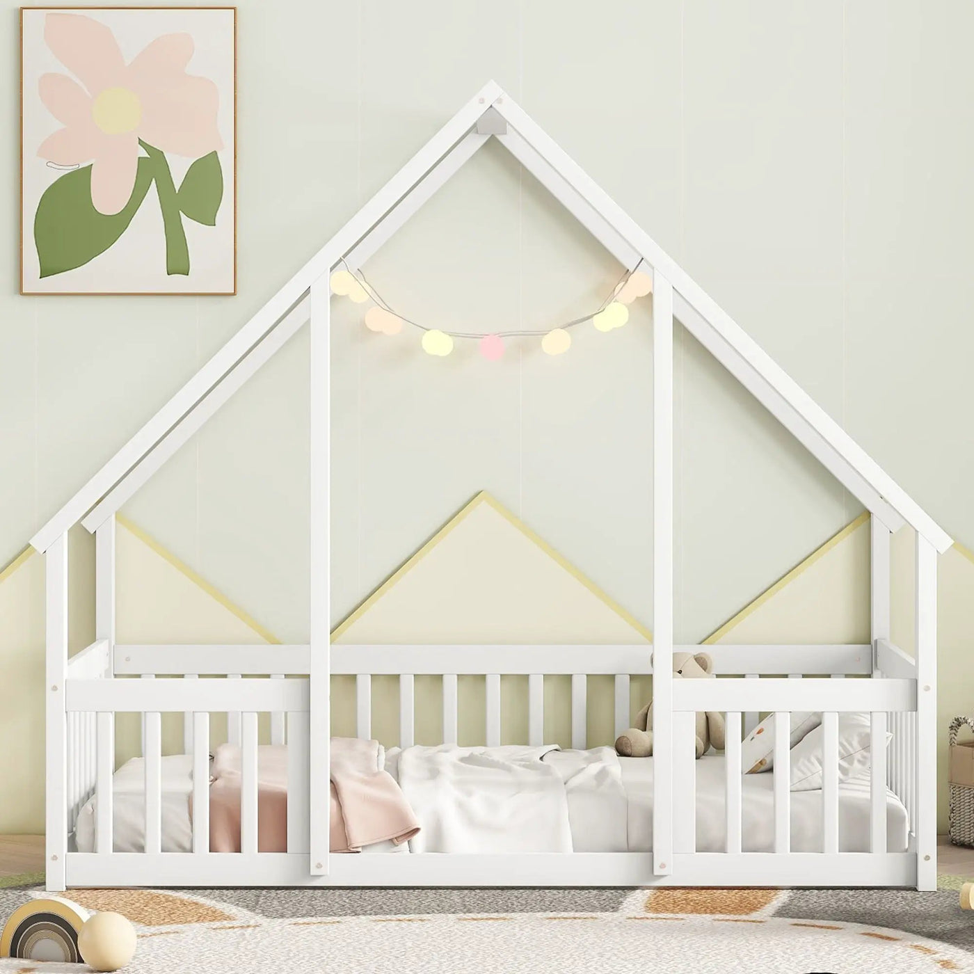 Wood House-Shaped Floor Bed With Fence, Guardrails by HouseOfZazla