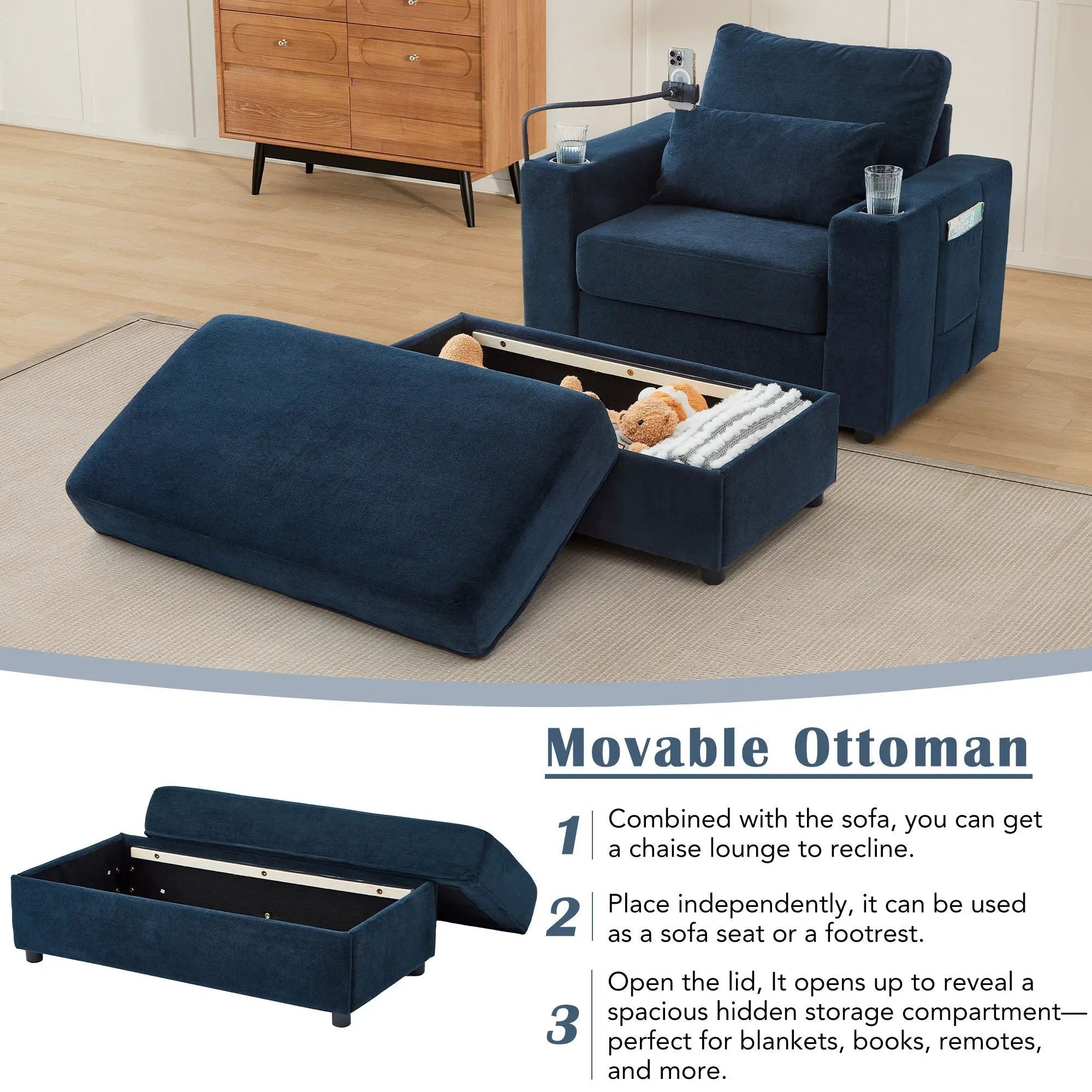 Modern Style Armchair Chaise Lounge Sofa Couch With Movable Storage Ottoman, USB Ports, Cup Holders, Phone Holder, Side Pockets by Unique Piece Furniture