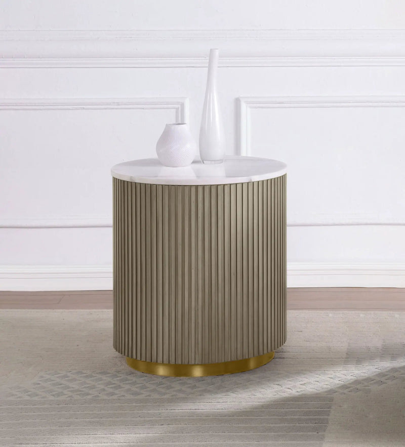 Jason Round White Marble Top Side End Table Greige by Unique Piece Furniture