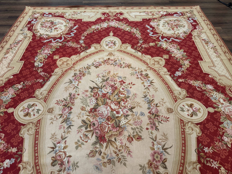 Aubusson Rug 8x11, Needlepoint Carpet, Red Ivory Beige, Vintage, French European Design by Jewel Rugs
