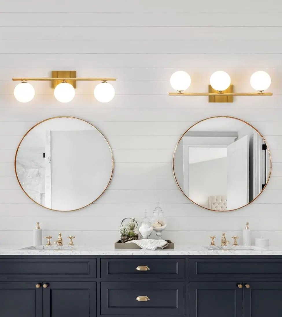 Gold Bathroom Vanity Light Fixtures,3 Lights Brass Milk White Globe by Selzalot
