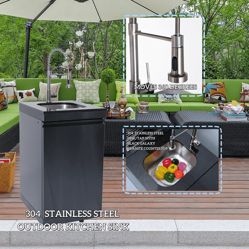 NG 85" 6-Burner 85,000 BTU Black Outdoor Kitchen Island Grill Refrigerator + Rotisserie Kit + Sink by Chery Industrial