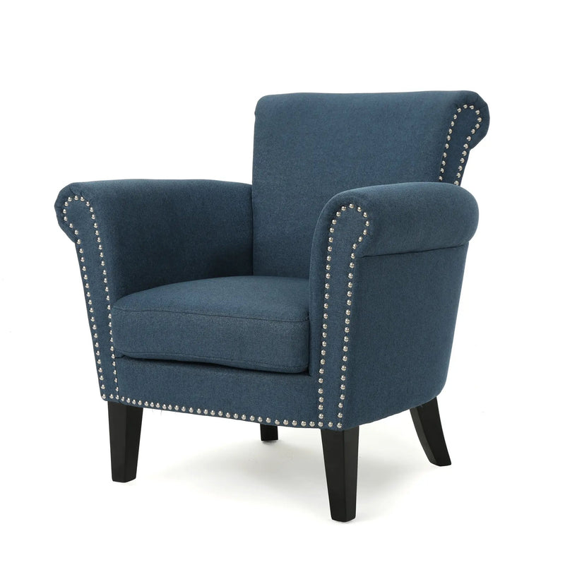 Elegant Navy Blue Fabric Club Chair with Nailhead Trim and Birch Wood Legs by HouseOfZazla