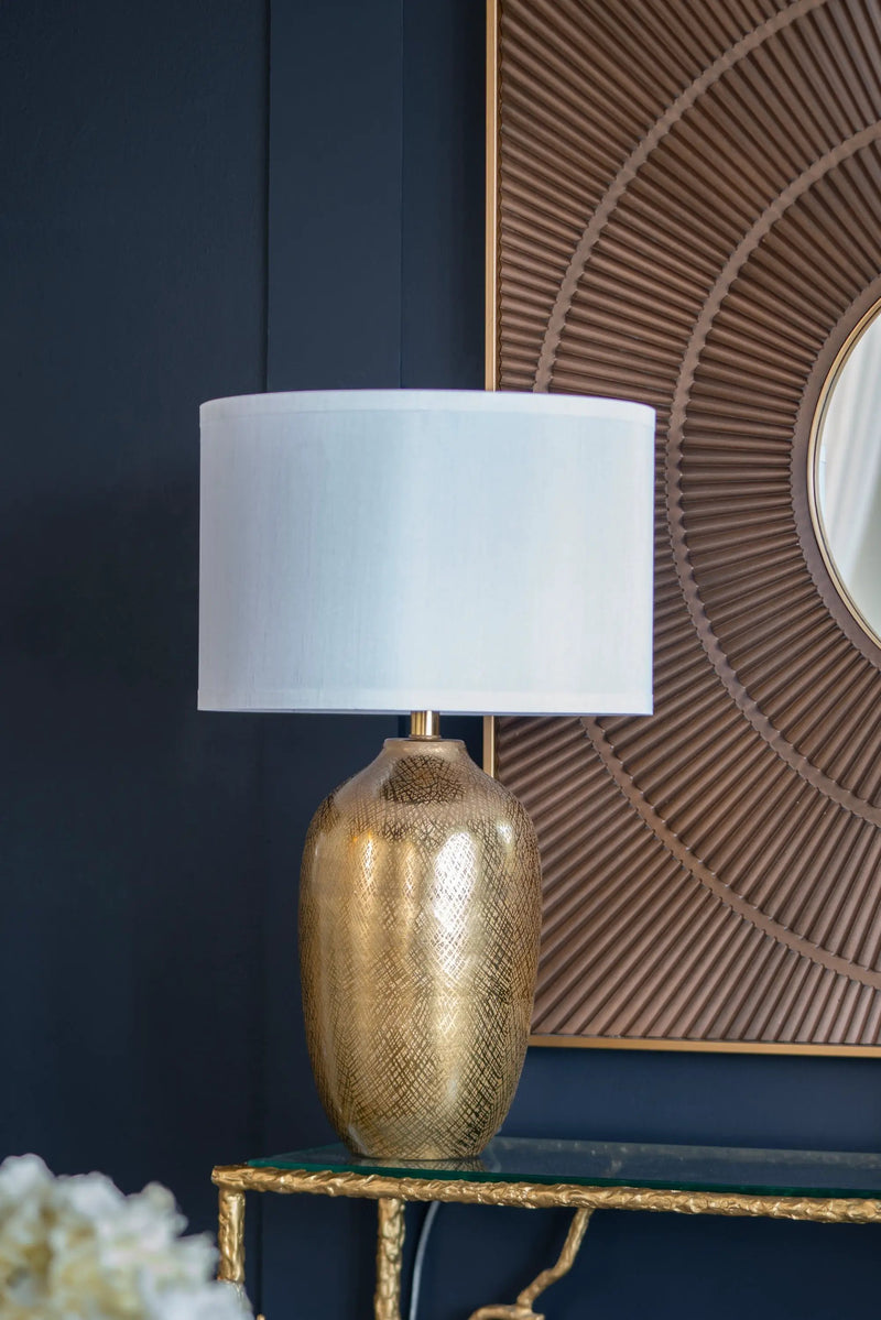 D15x25.7' Round Aluminum Sheet Gold Table Lamp with White Fabric Shade by HouseOfZazla