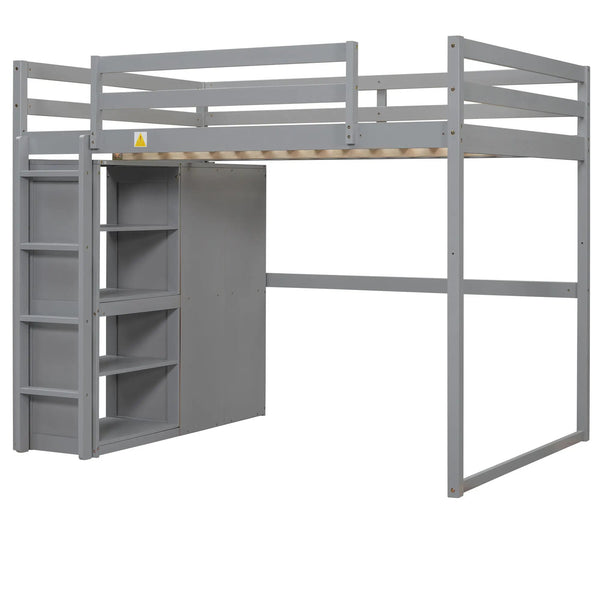 Loft Bed With Built In Wardrobe, Storage Shelves, And LED Light