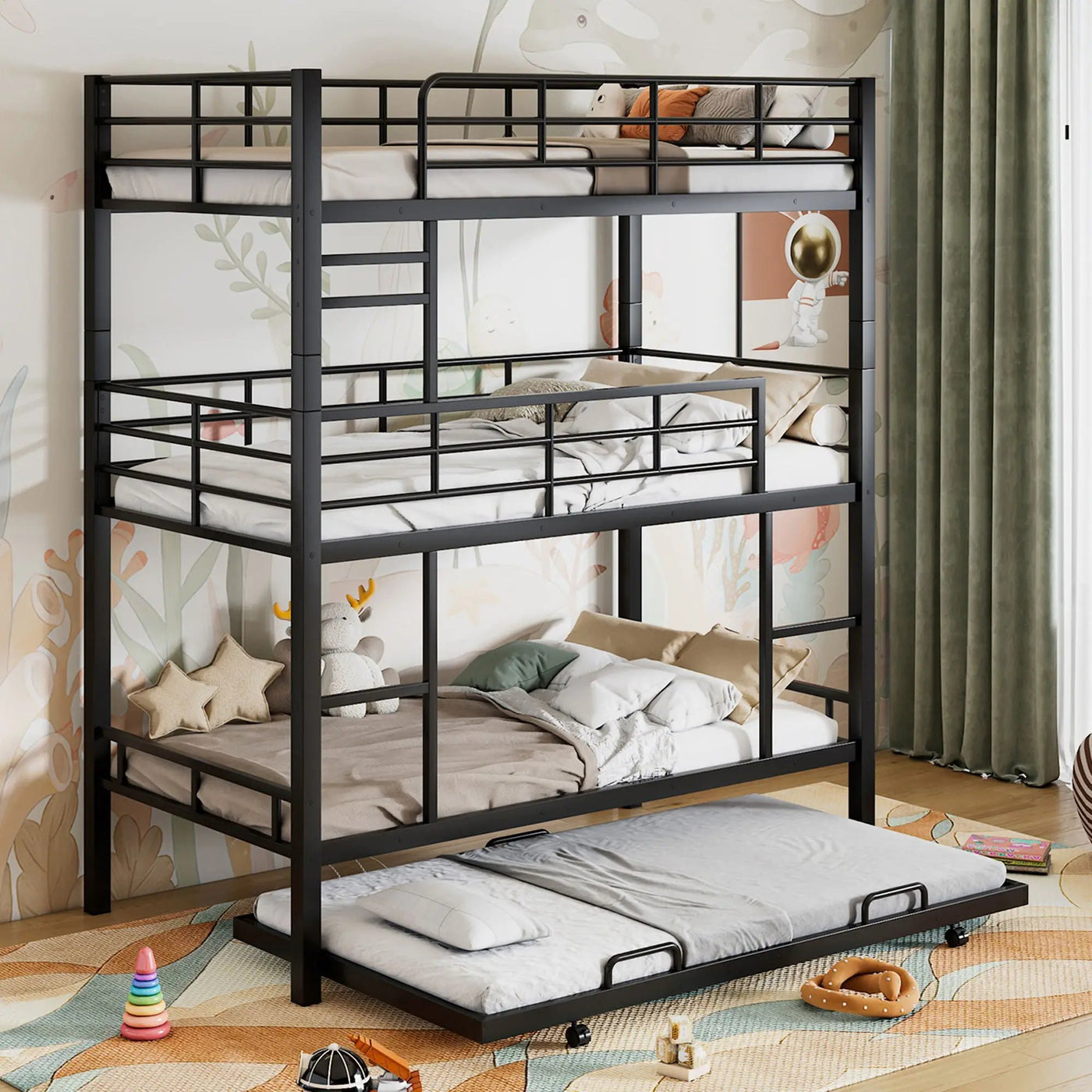 Triple Bunk Bed With Trundle, Heavy Duty Steel Construction by HouseOfZazla