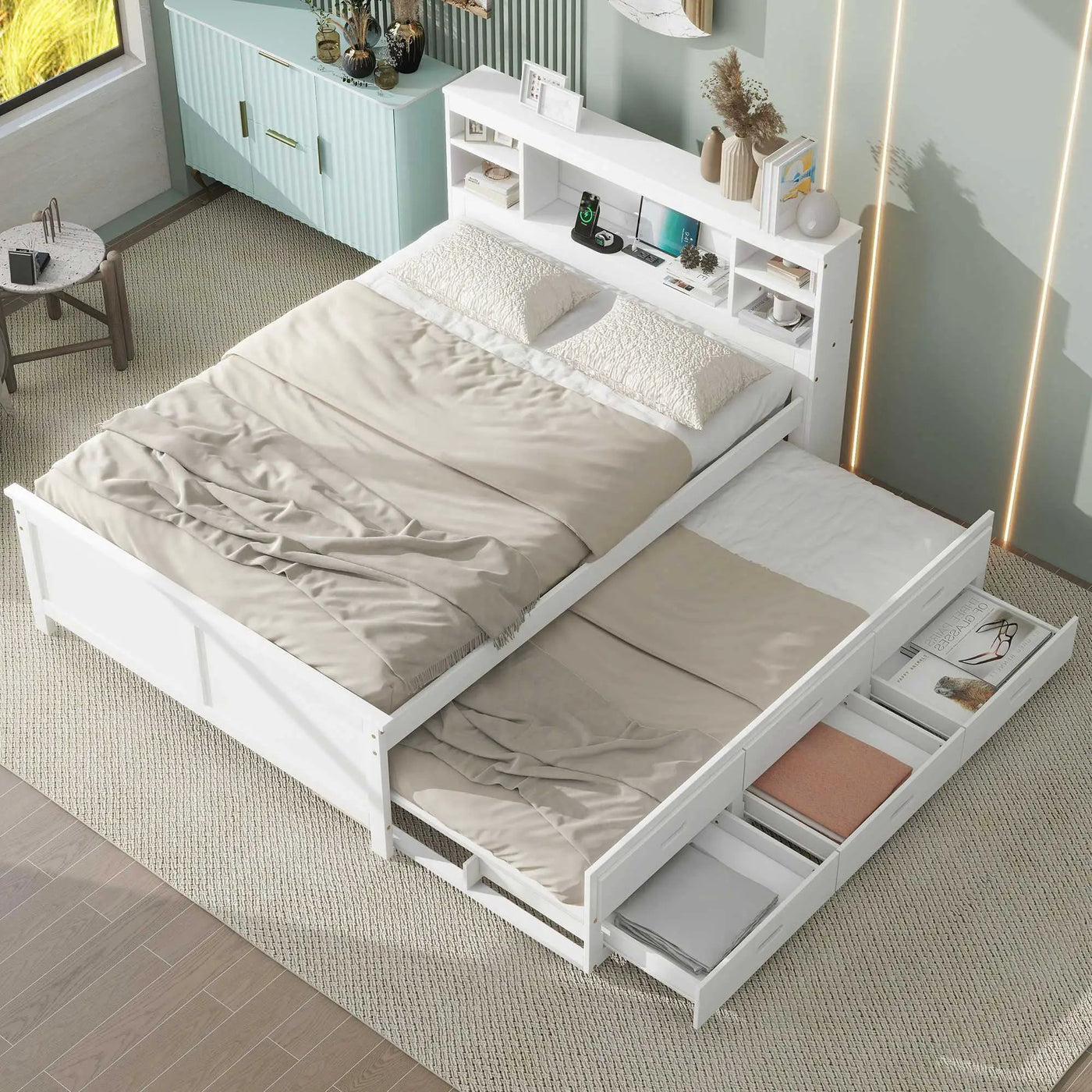Platform Bed With Storage Headboard, USB, Trundle And 3 Drawers by HouseOfZazla