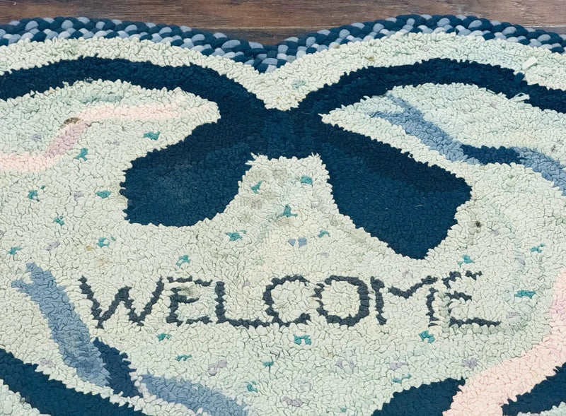 Small American Hooked Rug, Vintage Welcome Mat, Heart Shaped, Ivory and Blue by Jewel Rugs