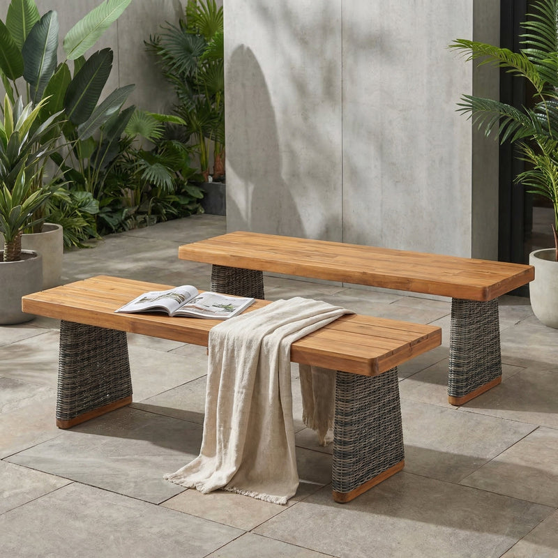 Outdoor Acacia Wood Bench (Set of 2) - Teak Finish, photo 2 of 10