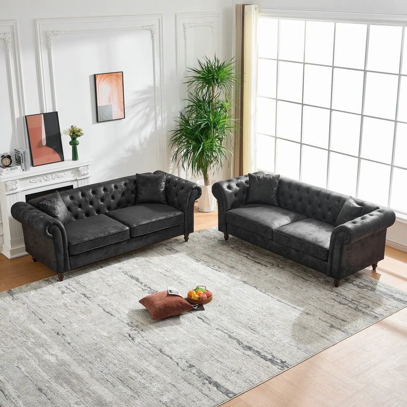 Chesterfield Sofa, High Tech Fabric Roll Armrest, 3 Seater Couch - Black by Unique Piece Furniture