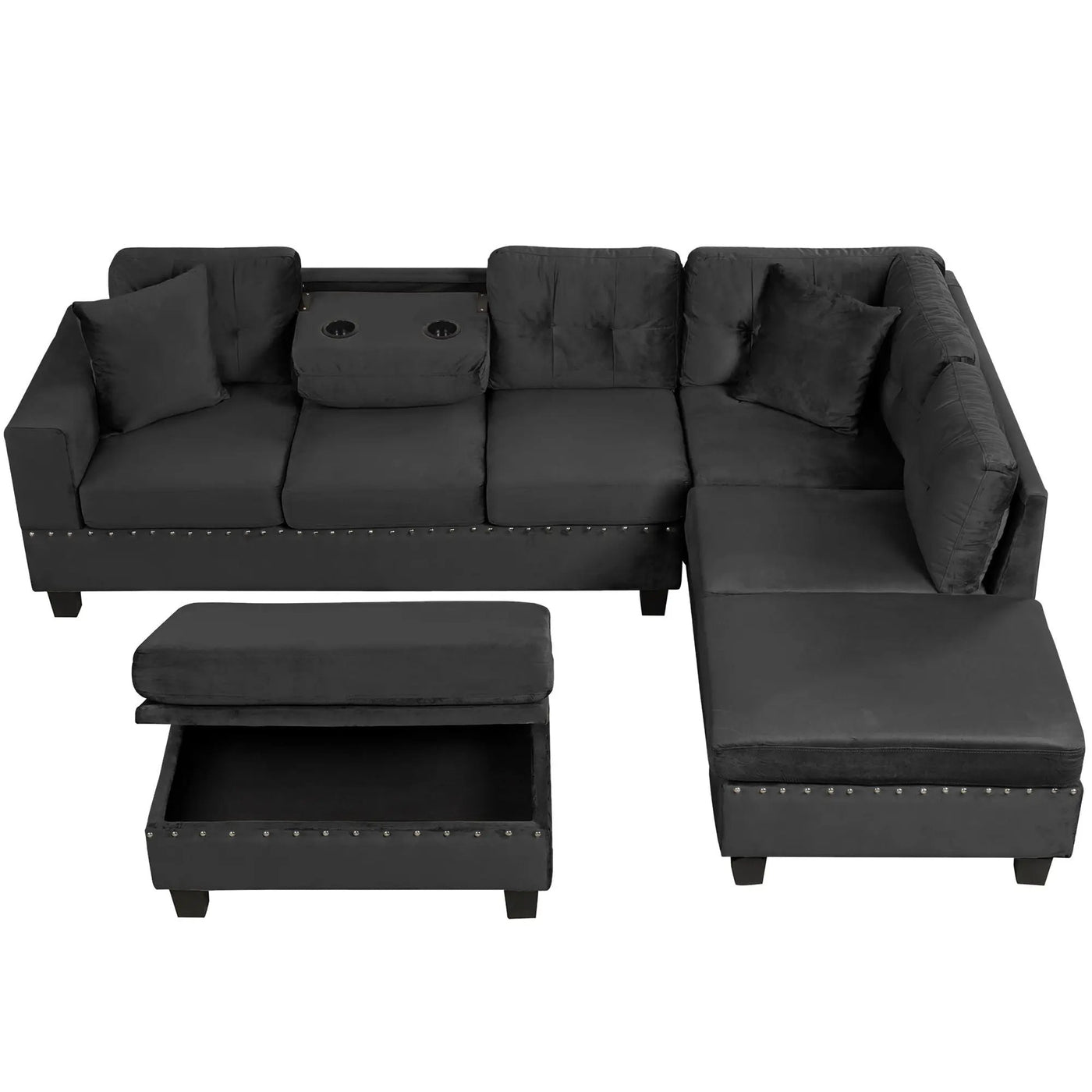 Modern Sectional Sofa With Storage Ottoman, L - Shape Couch With 2 Pillows And Cup Holders by HouseOfZazla