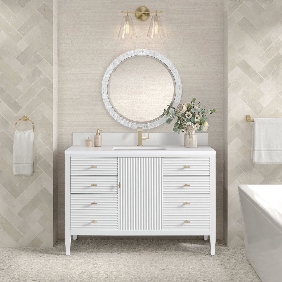 James Martin Myrrin 48" Single Bathroom Vanity, Bright White with White Zeus (Single Hole, with Backsplash) countertop