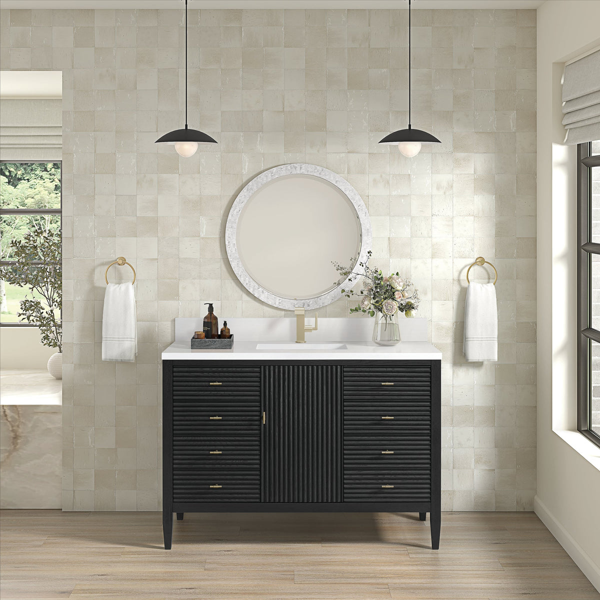 James Martin Myrrin 48" Single Bathroom Vanity, Carbon Oak with White Zeus (Single Hole, with Backsplash) countertop