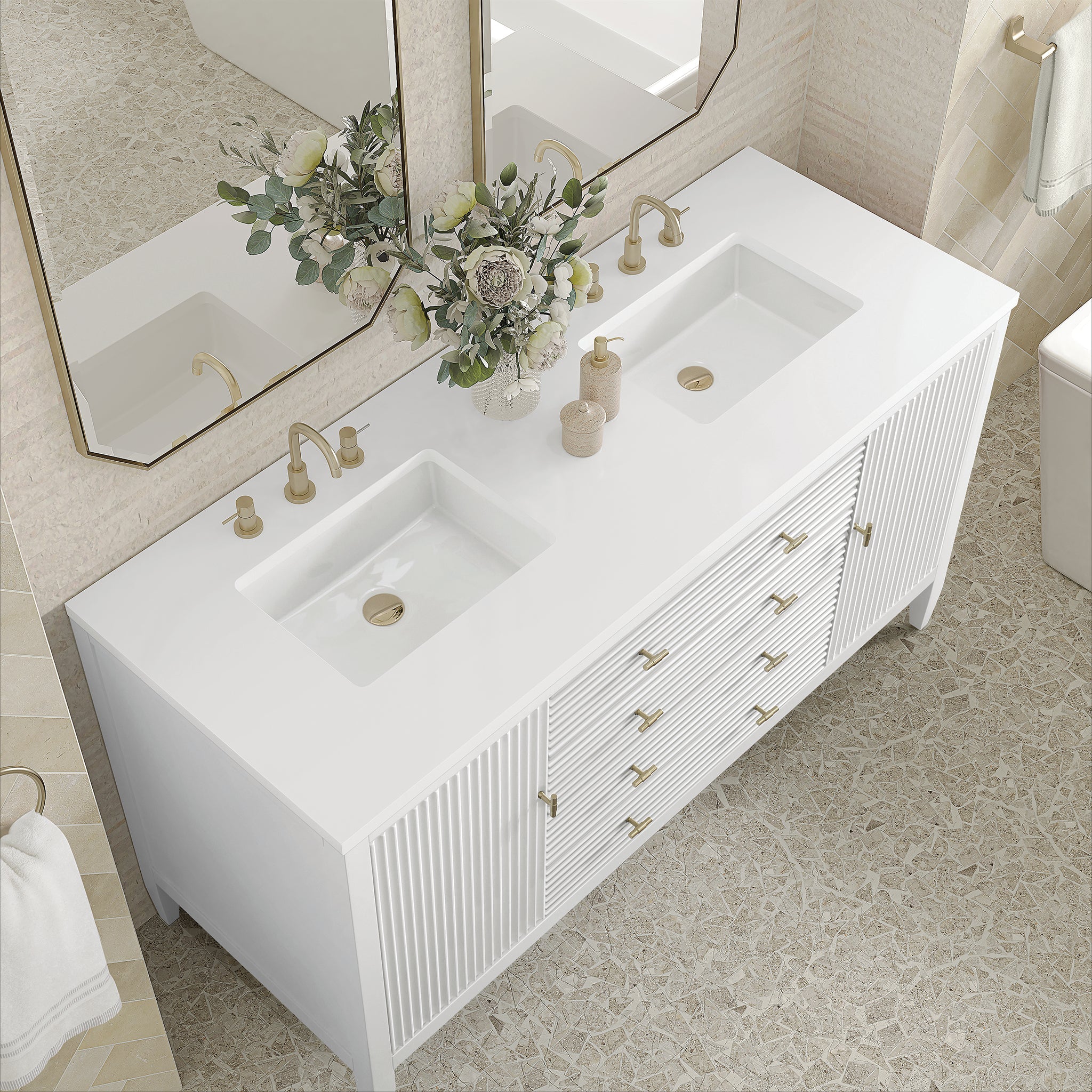 James Martin Myrrin 60" Double Bathroom Vanity, Bright White with White Zeus countertop