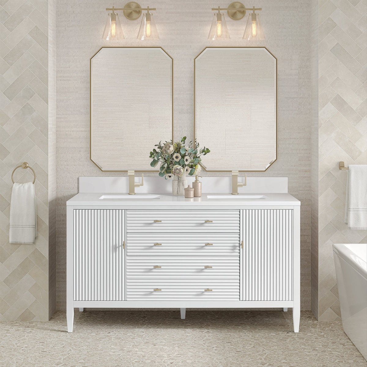James Martin Myrrin 60" Double Bathroom Vanity, Bright White with White Zeus (Single Hole, with Backsplash) countertop
