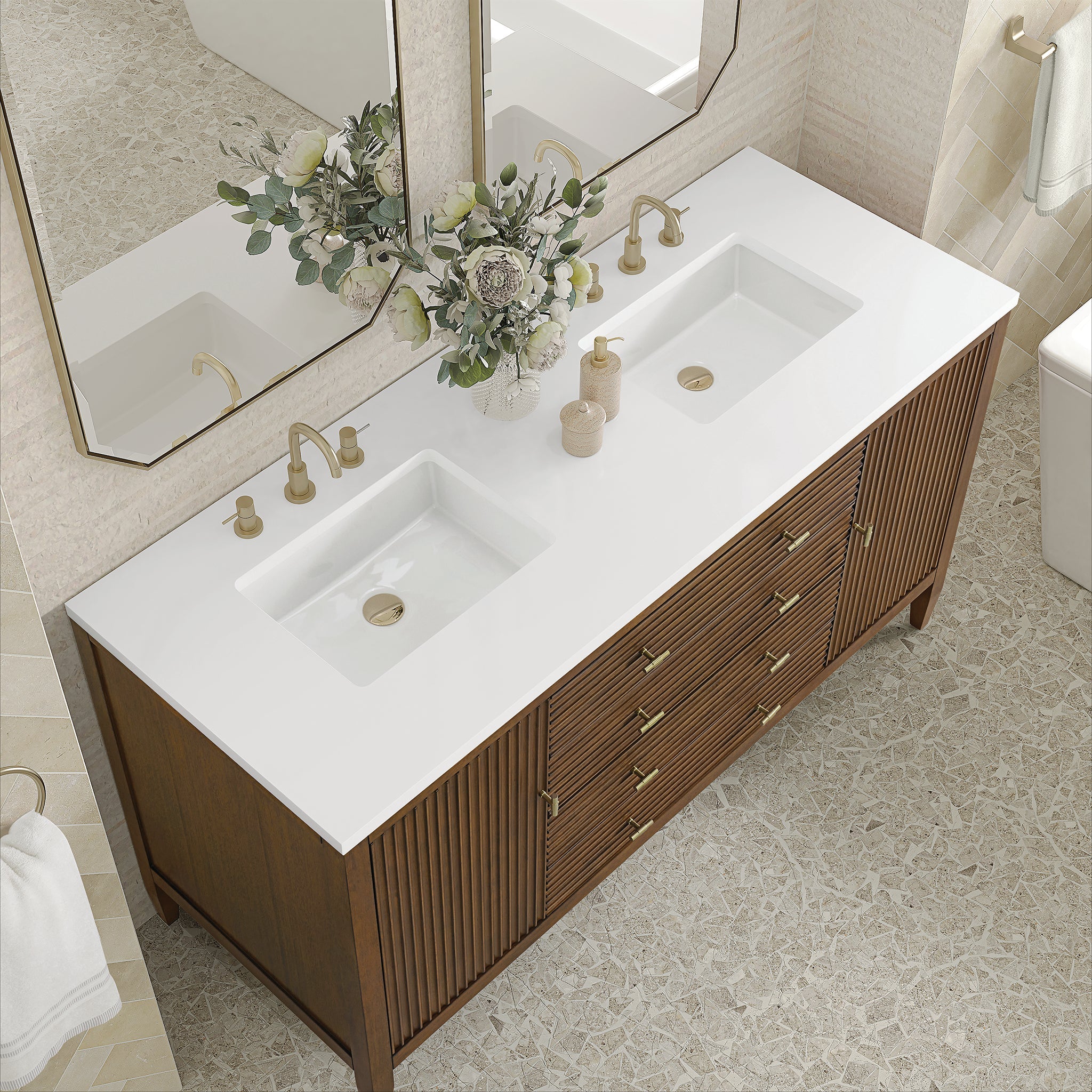 James Martin Myrrin 60" Double Bathroom Vanity, Mid-Century Walnut with White Zeus countertop