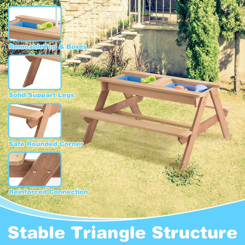 3-In-1 Kids Outdoor Wooden Picnic Table With Umbrella, Convertible Sand & Water, ASTM & CPSIA Certification by Unique Piece Furniture