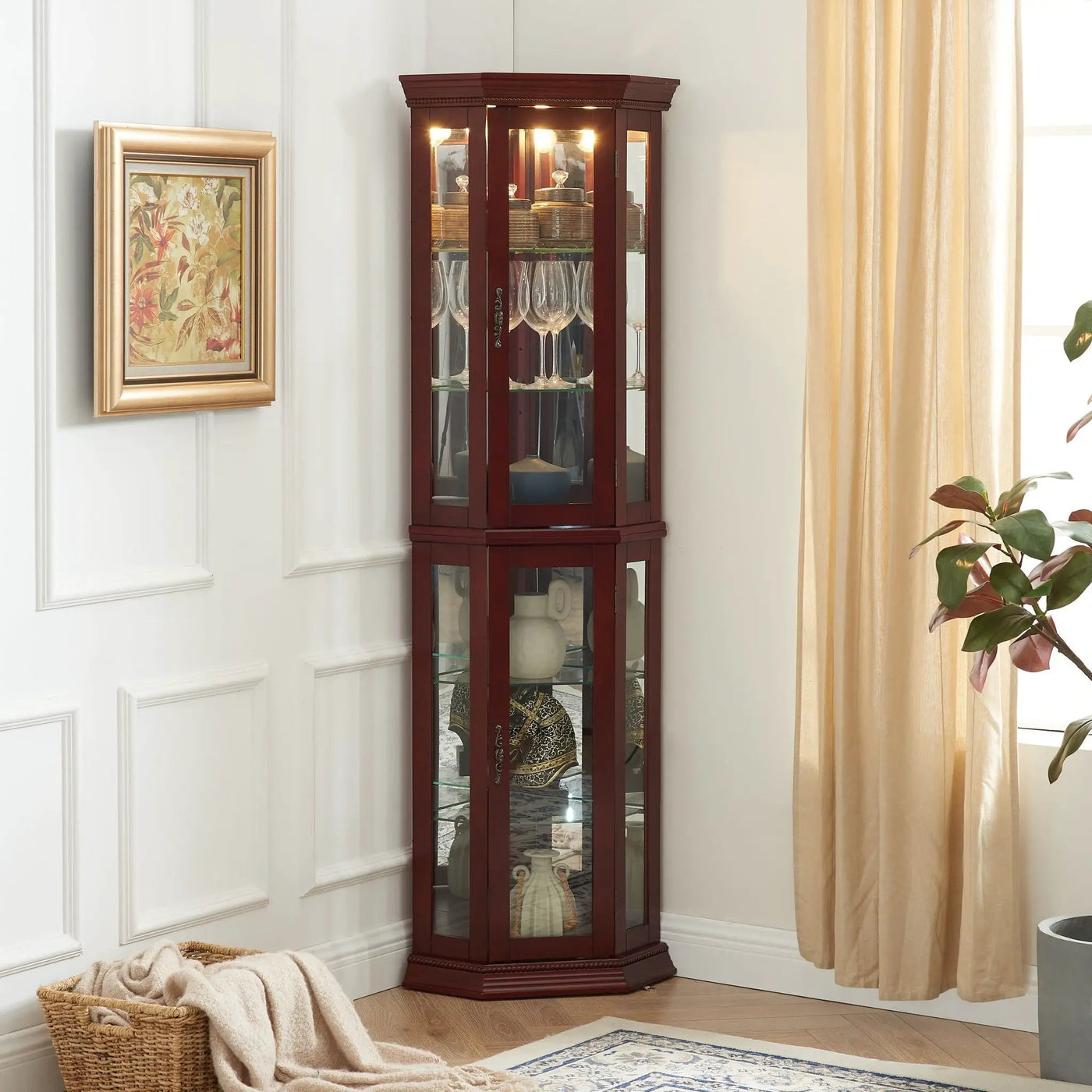 Corner Curio Cabinet With Lights, Adjustable Tempered Glass Shelves, Mirrored Back, Display Cabinet (E26 Light Bulb Not Included) by Unique Piece Furniture