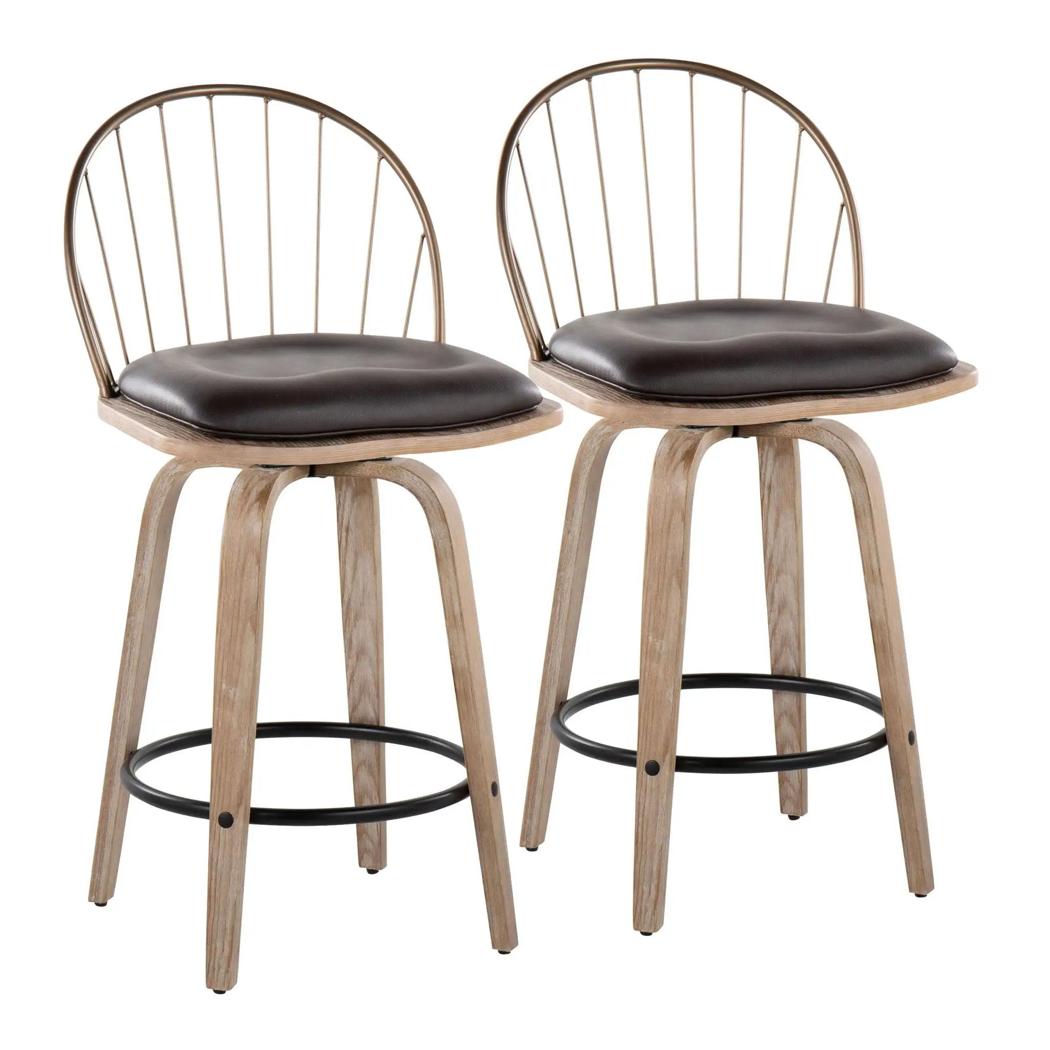 Riley - Farmhouse Fixed Height Counter Stool Round Footrest With Removable Cushion (Set of 2) - White Washed / Antique Copper / Brown by Unique Piece Furniture