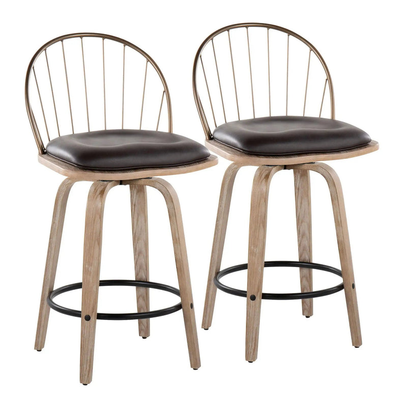 Riley - Farmhouse Fixed Height Counter Stool Round Footrest With Removable Cushion (Set of 2) - White Washed / Antique Copper / Brown by HouseOfZazla