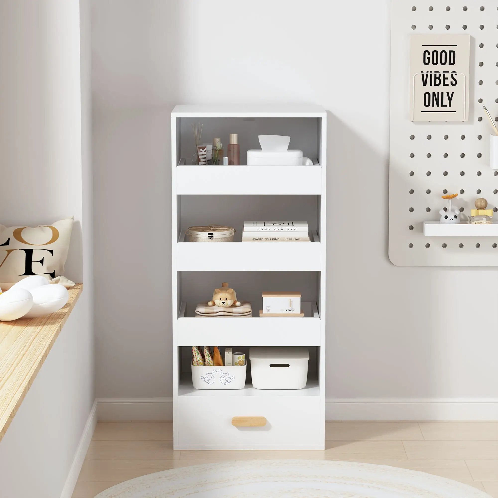 4 Tier Freestanding Bookshelf With 3 Sliding Drawers And 1 Bottom Drawer - White by Unique Piece Furniture