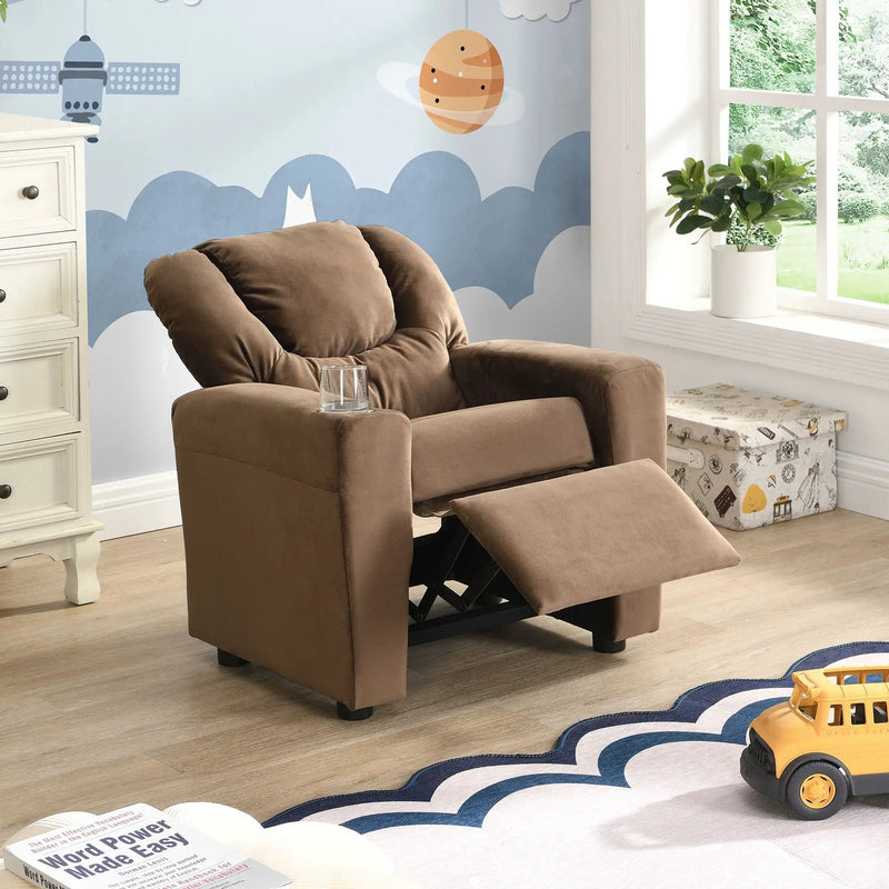 Kids Recliner Chair with Cup Holder - Brown Upholstered Couch by HouseOfZazla