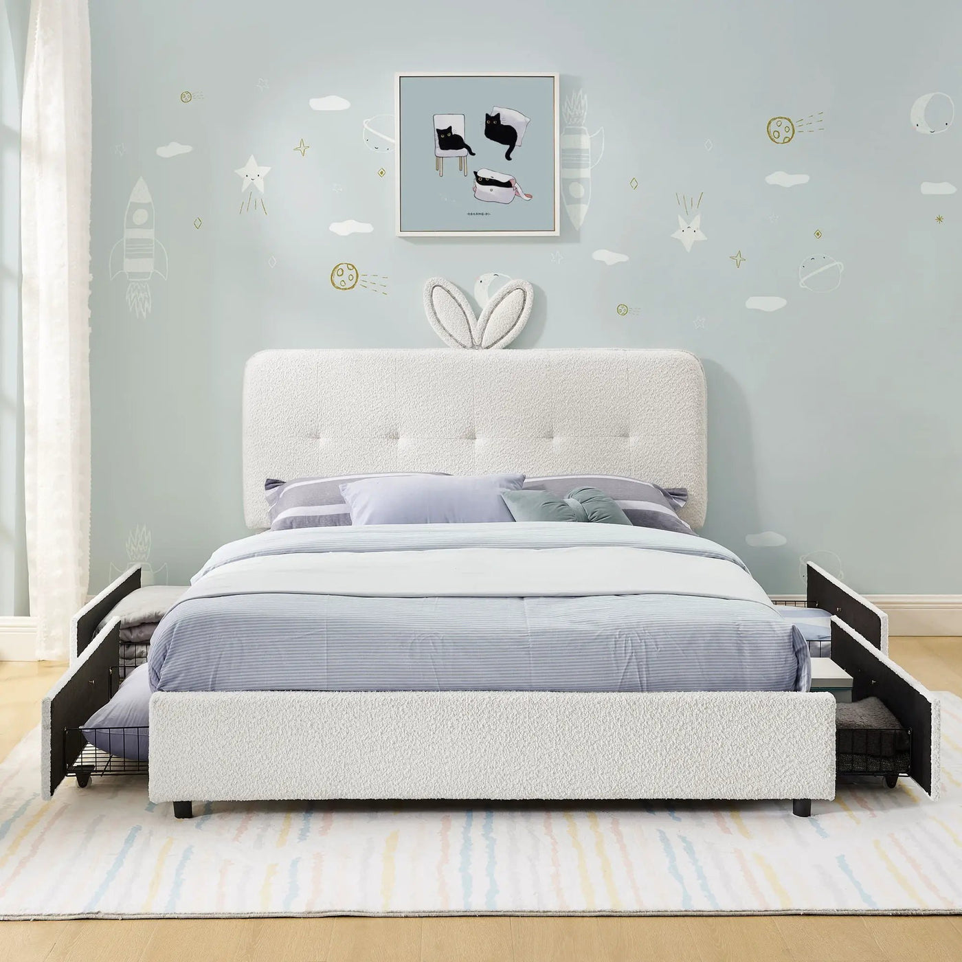 Upholstered Bed With Oversized Rabbit Ear Headboard, LED Lights & 4 Storage Drawers by HouseOfZazla
