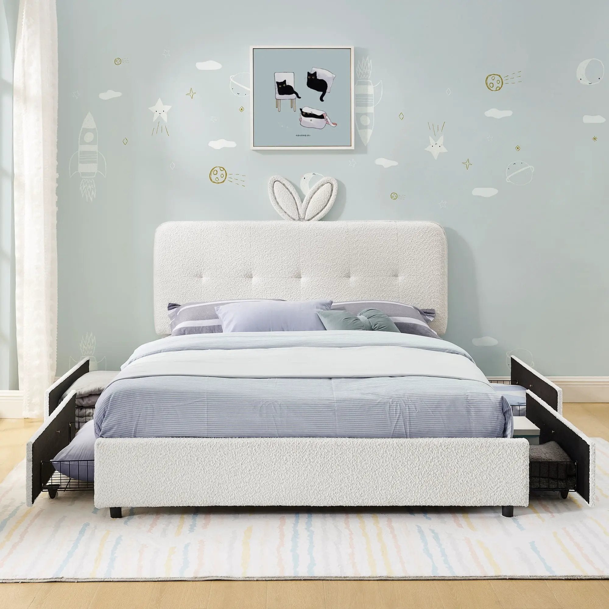 Upholstered Bed With Oversized Rabbit Ear Headboard, LED Lights & 4 Storage Drawers by HouseOfZazla