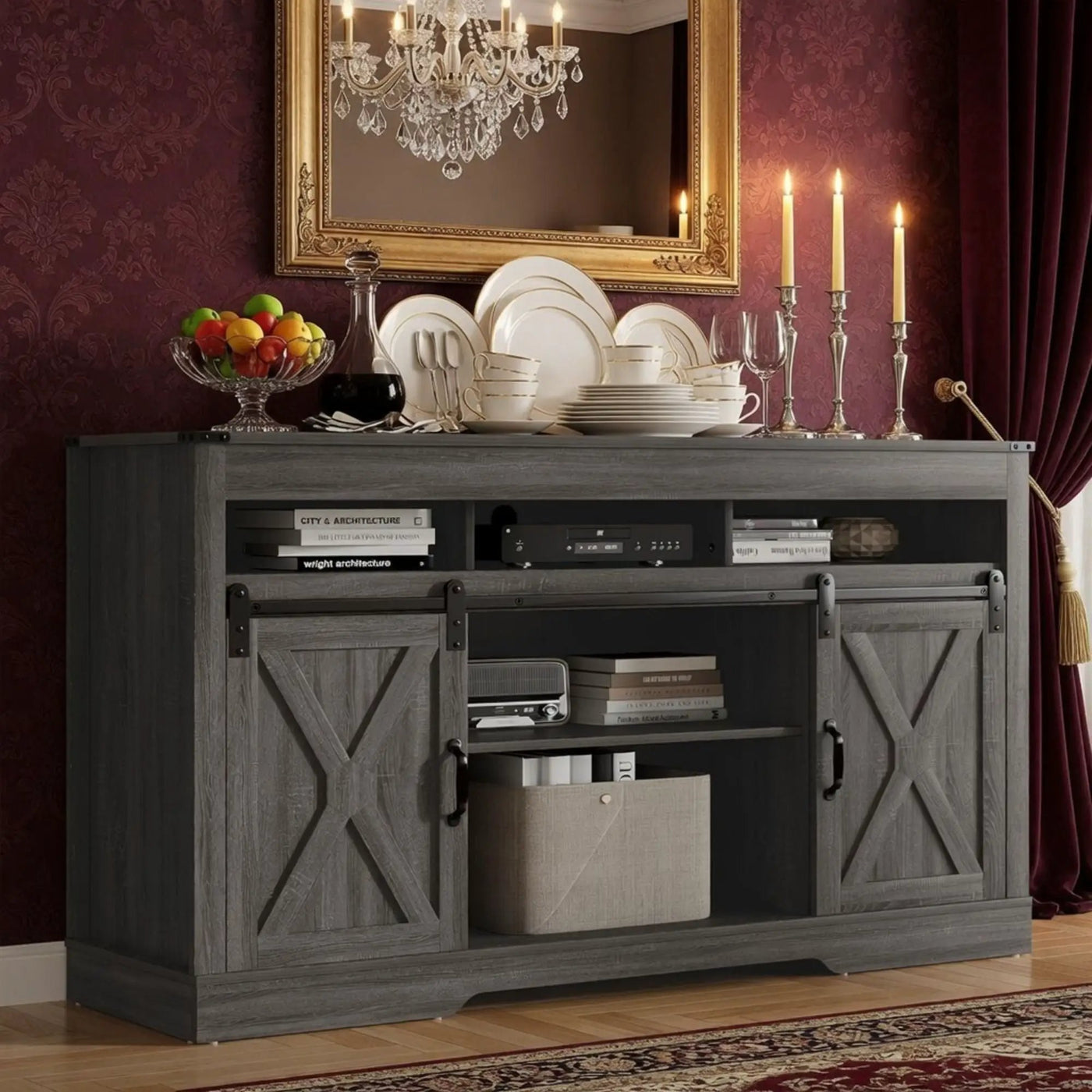 Farmhouse TV Stand With Sliding Barn Doors & Adjustable Storage by HouseOfZazla